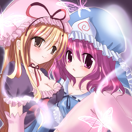 saigyouji yuyuko, yakumo yukari, touhou, lowres, 2girls, female focus, hat, mob cap, multiple girls