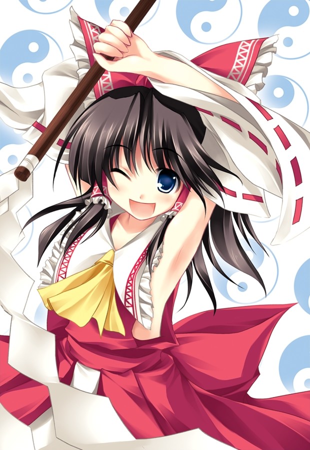 tateha (marvelous grace), hakurei reimu, touhou, 1girl, armpits, arms up, ascot, black hair, blue eyes, bow, collar, detached sleeves, female focus, frilled bow, frilled hair tubes, frilled shirt collar, frills, gohei, hair bow, hair tubes, japanese clothes, miko, one eye closed, open mouth, red bow, red ribbon, ribbon, ribbon-trimmed sleeves, ribbon trim, sash, solo, white collar, white sleeves, wide sleeves, yellow ascot, yin yang