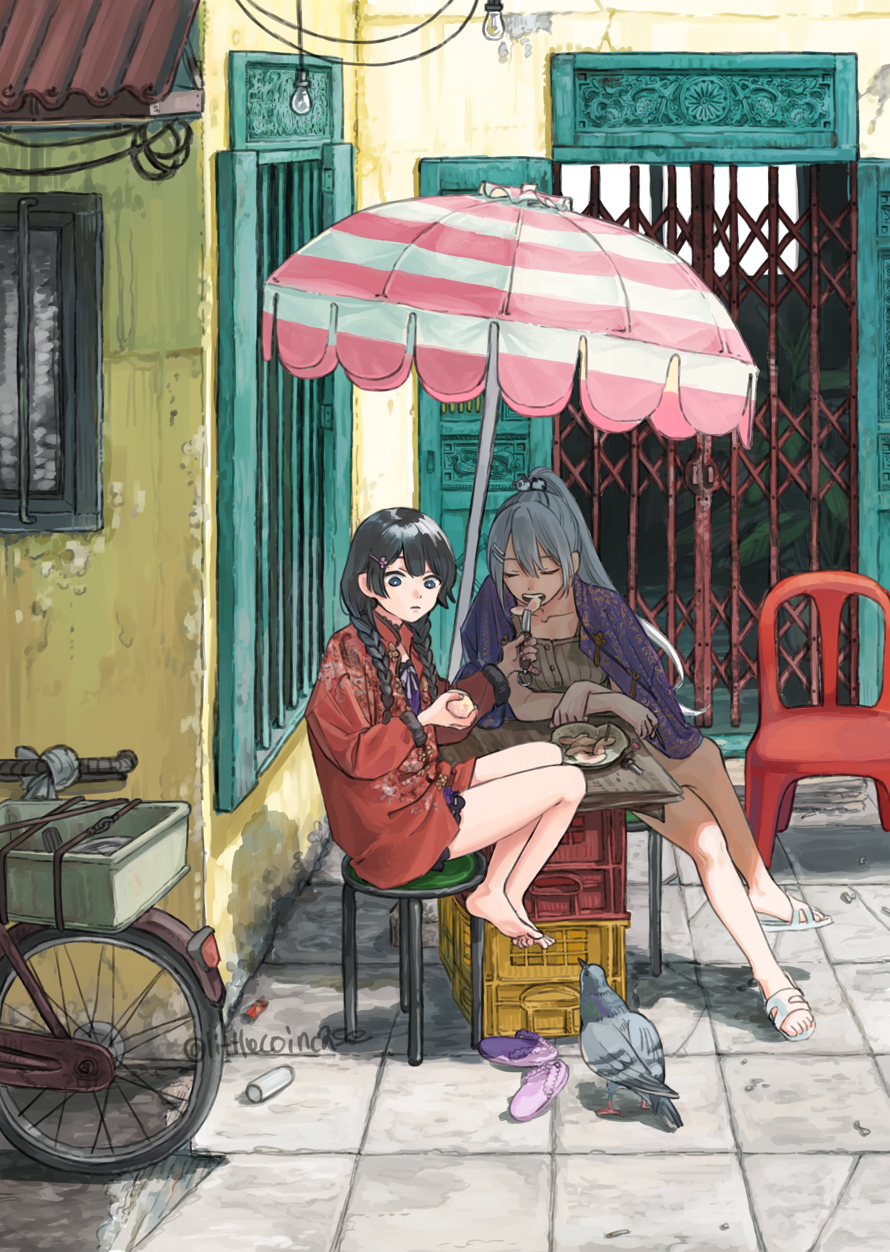 koze niire, higuchi kaede, tsukino mito, nijisanji, absurdres, highres, 2girls, alternate costume, barefoot, bicycle, bird, black hair, braid, casual, chair, chinese clothes, closed mouth, eating, grey hair, hair ornament, hairclip, long hair, mole, mole under eye, multiple girls, outdoors, pigeon, ponytail, sandals, sitting, twin braids, unworn sandals, virtual youtuber