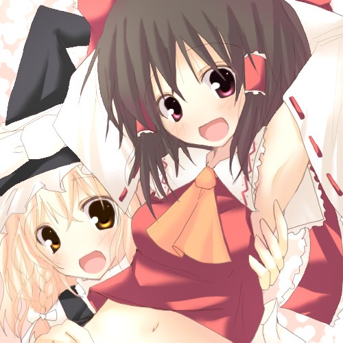 rikudou inuhiko, hakurei reimu, kirisame marisa, touhou, lowres, 2girls, armpits, blonde hair, blouse, female focus, hat, japanese clothes, miko, multiple girls, shirt, sleeveless, sleeveless shirt, witch hat