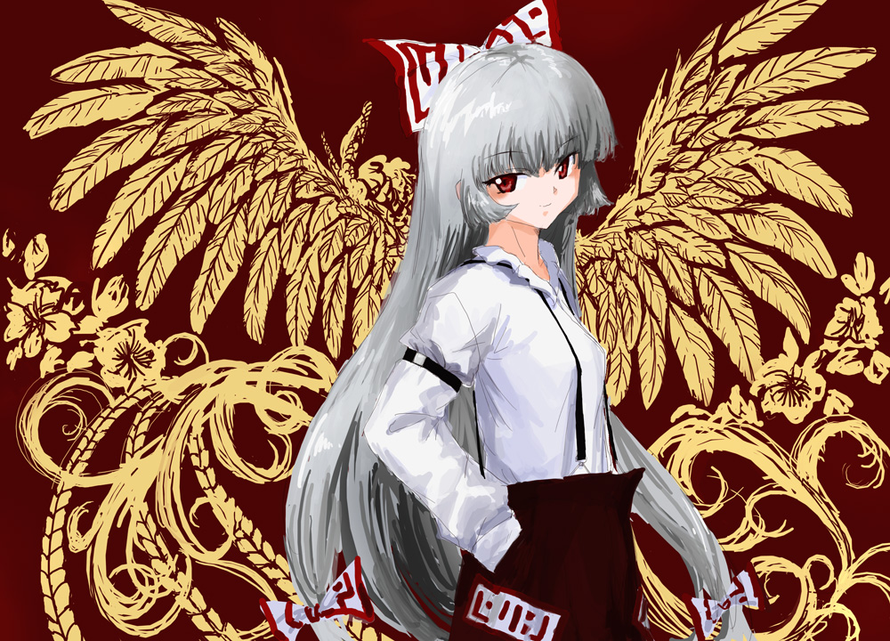 tsurui, fujiwara no mokou, touhou, silver hair, 1girl, female focus, hair ribbon, hand in pocket, hime cut, long hair, red eyes, ribbon, smile, solo, suspenders, wings