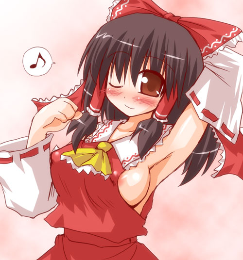 arayama reiichi, hakurei reimu, touhou, 1girl, armpits, blush, breasts, female focus, japanese clothes, large breasts, miko, nipple slip, nipples, one eye closed, sideboob, smile, solo, wink