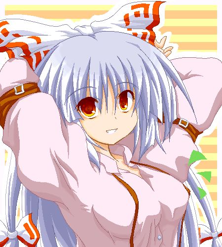 fujiwara no mokou, touhou, silver hair, lowres, 1girl, arms behind head, bow, breasts, dress shirt, female focus, grin, large breasts, oekaki, orange eyes, shirt, smile, solo, suspenders