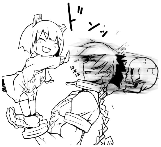 pizza-tan, xp-kun, os-tan, greyscale, monochrome, short hair, skull, what