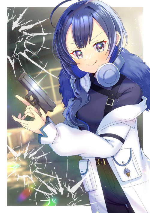 kou hiyoyo, iriam, commission, skeb commission, 1girl, ahoge, black pants, blue hair, gun, handgun, headphones, headphones around neck, holding, holding gun, holding weapon, pants, solo, tongue, tongue out, virtual youtuber, weapon, yoruno ice