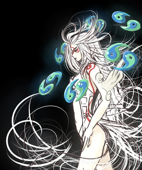jorotama, amaterasu (ookami), ookami (game), bodypaint, jirotama, personification, white hair