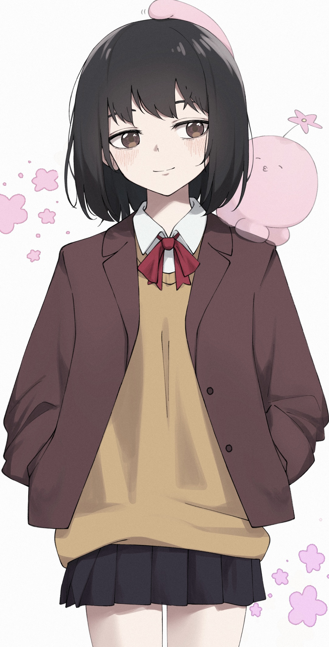 uine (bobhairshuki), kuze shizuka, takopii no genzai, highres, 1girl, alien, black hair, black skirt, blush, bow, bowtie, brown eyes, brown jacket, collared shirt, creature, hands in pockets, jacket, looking at creature, medium hair, octopus, red bow, red bowtie, shirt, simple background, skirt, solo, vest, white background, white shirt, yellow vest
