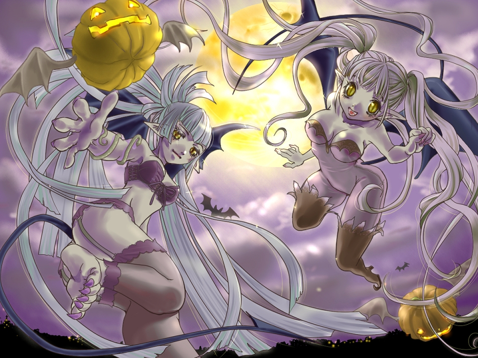 jorotama, original, 2girls, bat (animal), bat wings, breasts, elf, halloween, jirotama, large breasts, moon, multiple girls, pointy ears, wings