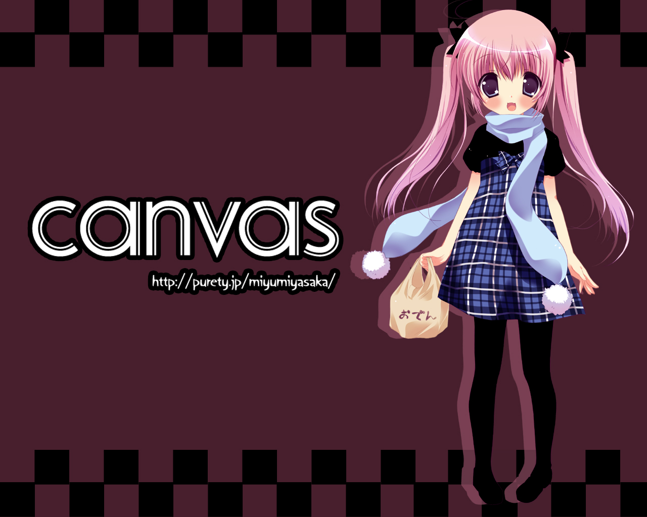 miyasaka miyu, 1girl, :d, bag, black pantyhose, blue scarf, dress, female focus, grocery bag, hair ribbon, open mouth, pantyhose, pink hair, plaid clothes, plaid dress, pom pom (clothes), purple eyes, ribbon, scarf, shopping bag, smile, solo, twintails, watermark, web address