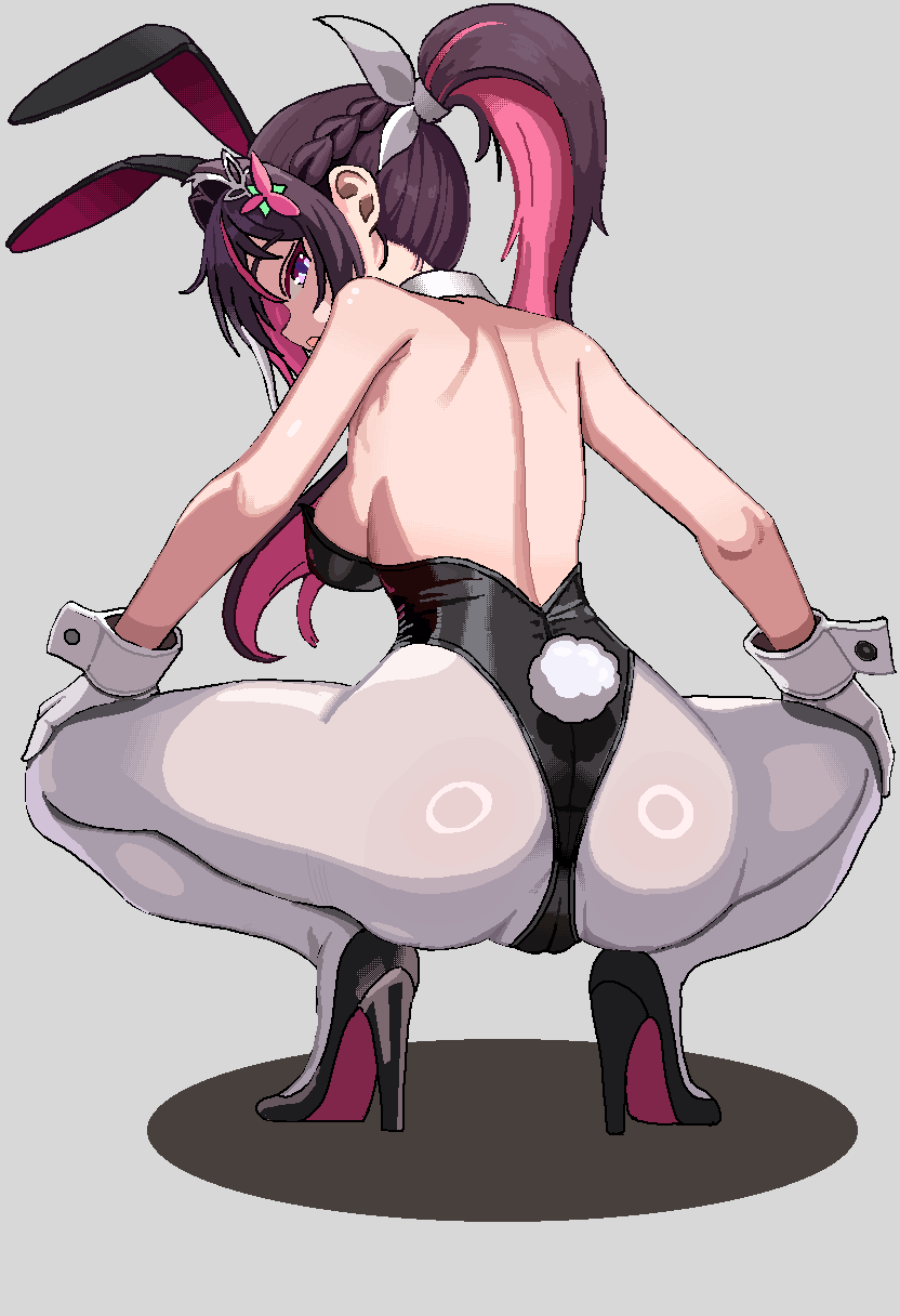cl oor, azki (hololive), hololive, highres, 1girl, animal ears, ass, back, black hair, black leotard, breasts, cameltoe, colored inner hair, fake animal ears, gloves, grey background, hair ornament, hairband, high heels, leotard, long hair, looking at viewer, looking back, medium breasts, multicolored hair, pantyhose, pink hair, ponytail, solo, spread legs, virtual youtuber, white gloves, wrist cuffs