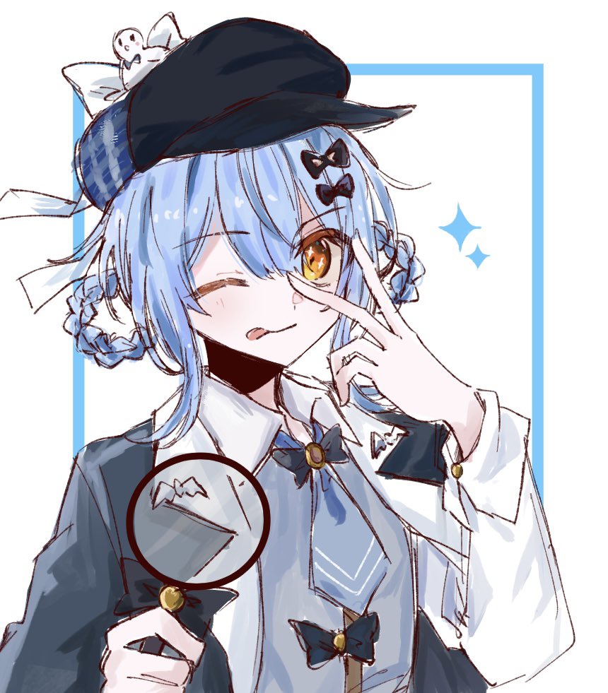 tachibana sherry, mahou shoujo no majo saiban, 1girl, :p, bird hat ornament, black bow, black capelet, black hat, blue eyes, blue necktie, bow, braid, braided hair rings, capelet, detective, hair bow, hair rings, hat, holding, holding magnifying glass, looking at viewer, magnifying glass, necktie, newsboy cap, one eye closed, solo, sparkle, sparkling eyes, tongue, tongue out, two-tone background, upper body, white bow, yume mogura
