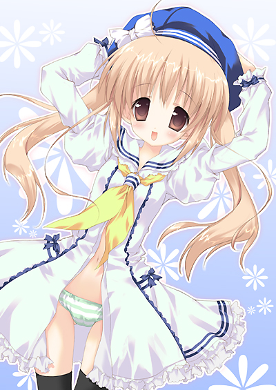 morinaga korune, 1girl, black thighhighs, blonde hair, blush, brown eyes, dress, female focus, green panties, hat, long sleeves, navel, open mouth, panties, sailor collar, sailor dress, solo, standing, striped clothes, striped panties, thigh gap, thighhighs, twintails, underwear, zettai ryouiki