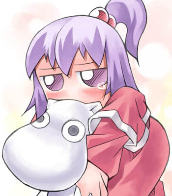 nyagakiya, moomintroll, shinki (touhou), moomin, mystic square, touhou, touhou (pc-98), lowres, 1girl, chibi, female focus, hair bobbles, hair ornament, hug, jitome, purple eyes, purple hair, side ponytail, solo, tears