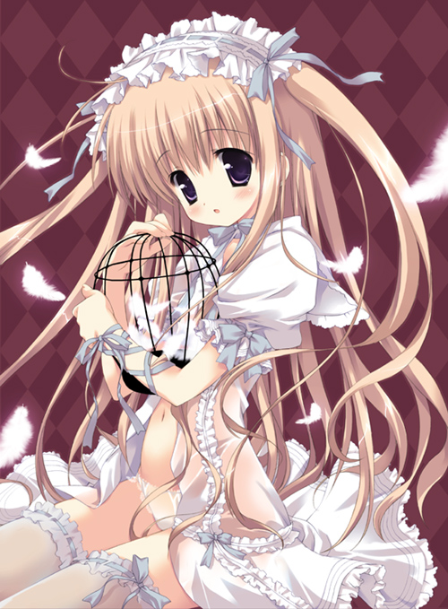 morinaga korune, 1girl, cage, dress, female focus, frilled thighhighs, frills, goth fashion, midriff, open clothes, open dress, panties, ribbon, solo, thighhighs, twintails, underwear, zettai ryouiki