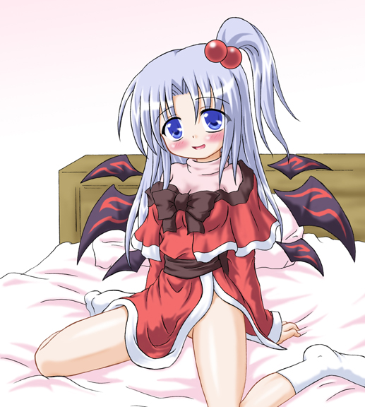 inasaki shirau, shinki (touhou), mystic square, touhou, touhou (pc-98), 1girl, bed, blush, female focus, grey hair, multiple wings, side ponytail, sitting, solo, wariza, wings