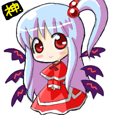 shinki (touhou), mystic square, touhou, touhou (pc-98), lowres, 1girl, :>, blush, chibi, female focus, grey hair, multiple wings, ponytail, red eyes, side ponytail, smile, solo, wings