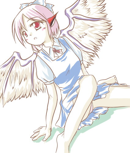 merri, cirno, mystia lorelei, touhou, eyebrows, lowres, 1girl, animal ears, ascot, barefoot, bow, cirno (cosplay), cosplay, dress, feathered wings, female focus, hair bow, no headwear, panties, pantyshot, pink hair, red eyes, short hair, short sleeves, sitting, solo, underwear, wings