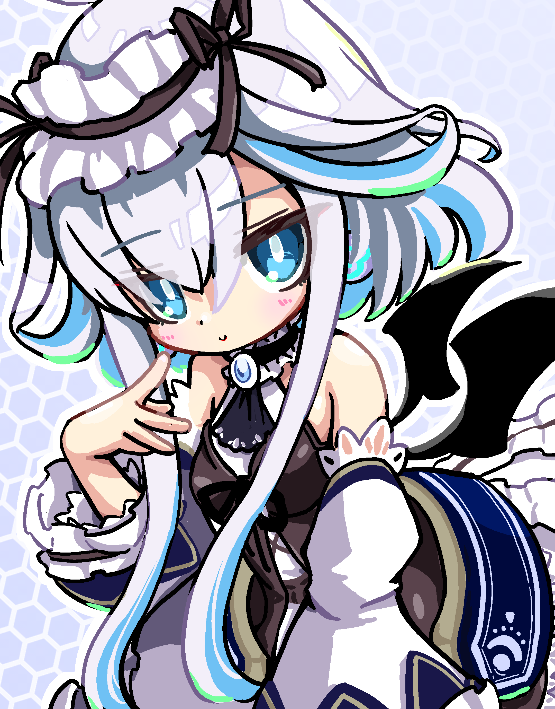 mitama aria, emil chronicle online, absurdres, highres, 1girl, ahoge, android, bare shoulders, bat wings, black dress, black necktie, black ribbon, black wings, blue eyes, breasts, detached sleeves, dress, finger to cheek, frilled hairband, frilled sleeves, frills, frolyflow2, hairband, light smile, long sidelocks, medium breasts, necktie, ribbon, sidelocks, solo, two-tone dress, white dress, white hair, white sleeves, wide sleeves, wings