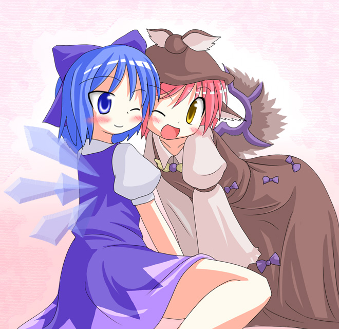 des (namaasi), cirno, mystia lorelei, touhou, 2girls, ;d, bird wings, blue bow, blue dress, blue eyes, blue hair, blush, bow, brown dress, brown hat, cheek-to-cheek, collar, dress, female focus, hair bow, hat, heads together, ice, ice wings, juliet sleeves, long sleeves, multiple girls, one eye closed, open mouth, pink hair, puffy short sleeves, puffy sleeves, short hair, short sleeves, smile, tsurime, white collar, white sleeves, winged hat, wings, yellow eyes