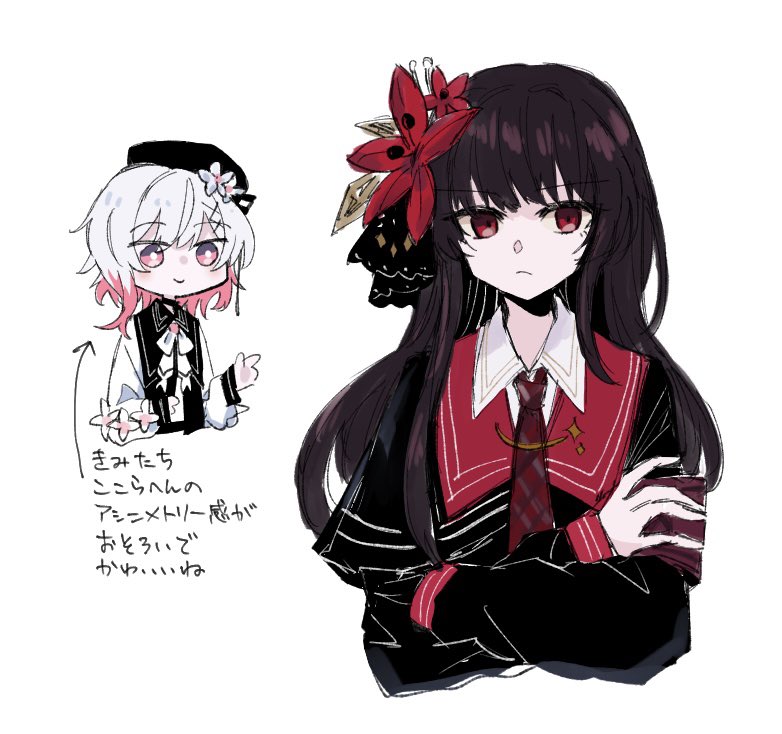 nikaidou hiro, sakuraba ema, mahou shoujo no majo saiban, translation request, 2girls, armband, beret, black choker, black dress, black hair, black hat, choker, closed mouth, crossed arms, dress, flower, gradient hair, hair ornament, hat, hat flower, long hair, multicolored hair, multiple girls, necktie, pink eyes, pink hair, red armband, red eyes, red flower, red necktie, short hair, simple background, smile, upper body, very long hair, white background, white flower, white hair, x hair ornament, yume mogura