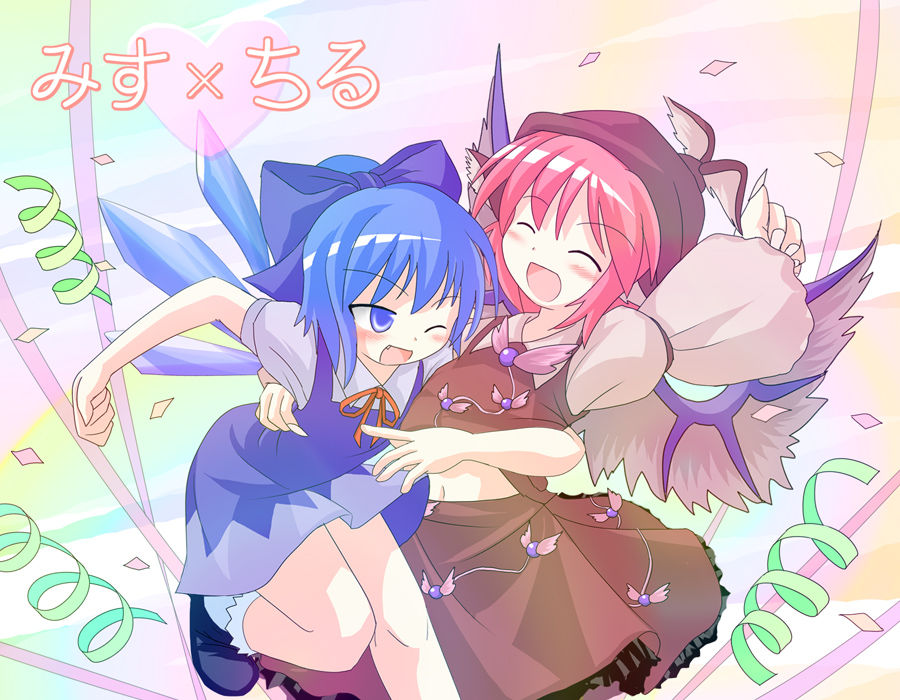 des (namaasi), cirno, mystia lorelei, touhou, 2girls, ^ ^, arm up, bird wings, blue bow, blue dress, blue eyes, blue hair, bow, brown hat, brown skirt, closed eyes, confetti, dress, fang, female focus, fingernails, hair bow, hand on another's hip, hat, hug, ice, ice wings, long fingernails, multiple girls, neck ribbon, one eye closed, open mouth, pink hair, red ribbon, ribbon, short hair, skirt, skirt set, winged hat, wings, yuri
