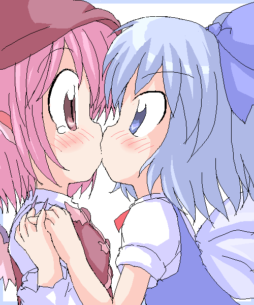 geetsu, cirno, mystia lorelei, touhou, 2girls, eye contact, female focus, kiss, looking at another, multiple girls, yuri