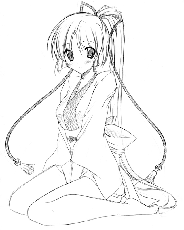 hinapo, character request, source request, greyscale, japanese clothes, kimono, monochrome, ponytail, sketch, solo