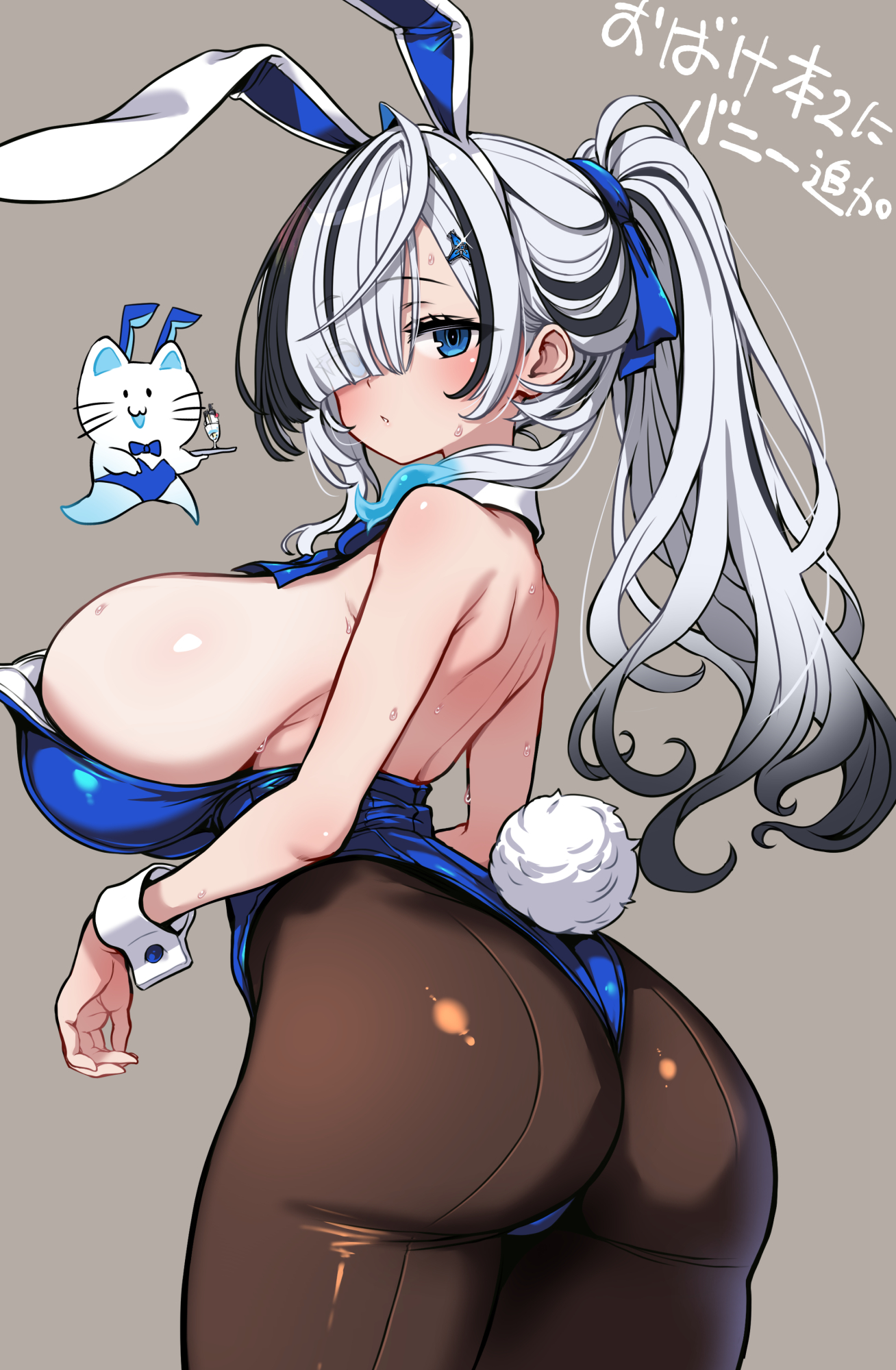 hirowa nagi, yuyu yura, first stage production, commentary, highres, translation request, 1girl, alternate costume, animal ear hairband, animal ears, armpit crease, ass, asymmetrical bangs, back, bare shoulders, black pantyhose, black streaks, blue eyes, blue fire, blue leotard, blue ribbon, blush, breasts, collar, cowboy shot, curvy, detached collar, fake animal ears, fake tail, fire, grey background, hair ornament, hair over one eye, hair ribbon, hairband, huge breasts, leotard, long hair, looking at viewer, multicolored hair, one eye covered, pantyhose, parted lips, playboy bunny, ponytail, rabbit ear hairband, rabbit ears, rabbit tail, ribbon, simple background, solo, strapless, strapless leotard, streaked hair, sweat, tail, virtual youtuber, white collar, white hair, white wrist cuffs, wrist cuffs