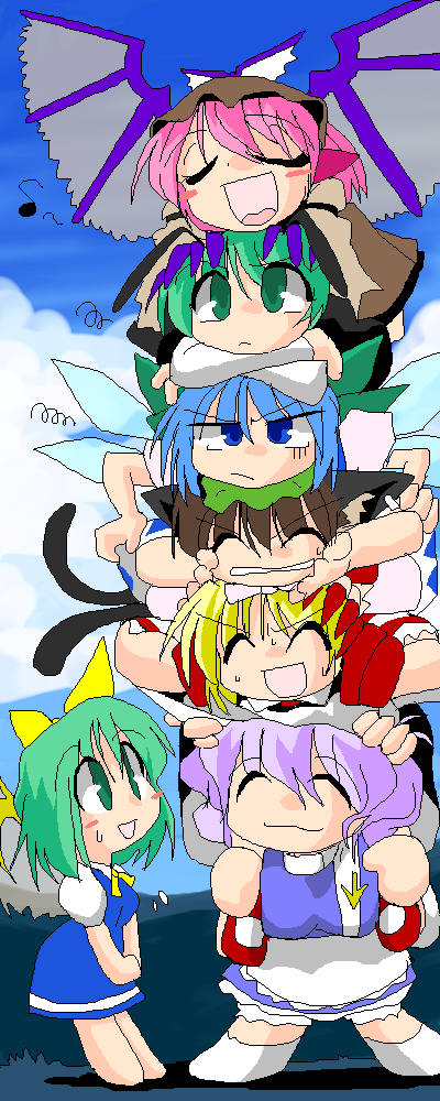 kieyza, chen, cirno, daiyousei, letty whiterock, mystia lorelei, rumia, wriggle nightbug, touhou, long image, tall image, 6+girls, animal ears, antennae, blonde hair, blue eyes, blue hair, bow, brown hair, cat ears, cat girl, cat tail, closed eyes, fairy wings, female focus, green eyes, green hair, hair bow, hat, human tower, multiple girls, multiple tails, pink hair, purple hair, stacking, tail, team 9 (touhou), wings