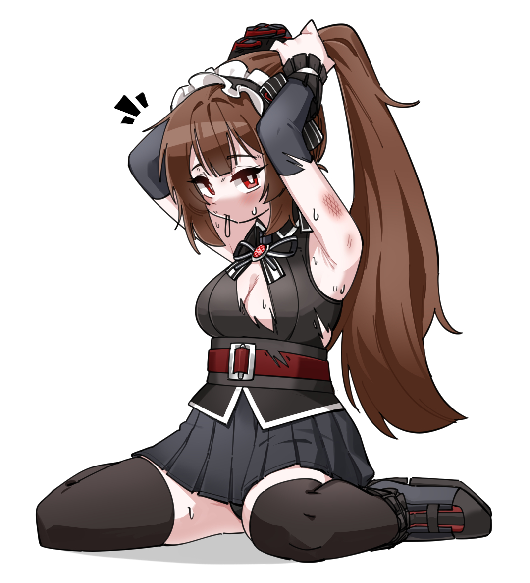 fey (whitepaper), estelle (black survival), black survival, eternal return: black survival, commission, 1girl, bare shoulders, black thighhighs, breasts, brown hair, elbow gloves, gloves, large breasts, maid headdress, ponytail, red eyes, simple background, solo, thighhighs, thighs, white background