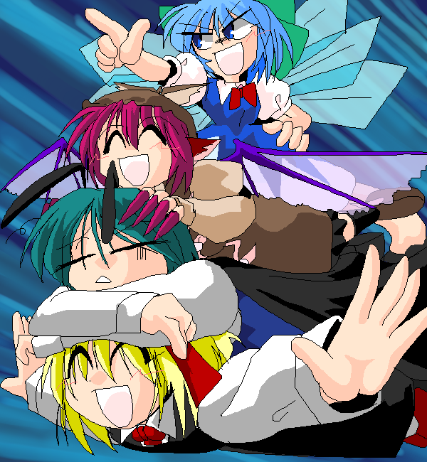 kieyza, cirno, mystia lorelei, rumia, wriggle nightbug, touhou, 4girls, :<, ^ ^, antennae, blonde hair, closed eyes, female focus, human tower, multiple girls, open mouth, stacking, team 9 (touhou), triangle mouth, wings