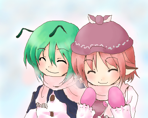 mystia lorelei, wriggle nightbug, touhou, lowres, 2girls, antennae, closed eyes, female focus, friends, green hair, happy, multiple girls, oekaki, red hair, scarf, shared clothes, shared scarf, smile, winter
