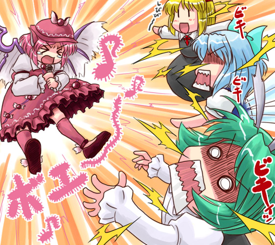sasuke (sasuke no sato), cirno, mystia lorelei, rumia, wriggle nightbug, touhou, 4girls, antennae, blonde hair, blue hair, bow, cape, dress, fairy wings, female focus, green hair, hair bow, ice, microphone, multiple girls, pink hair, red eyes, team 9 (touhou), tears, wings