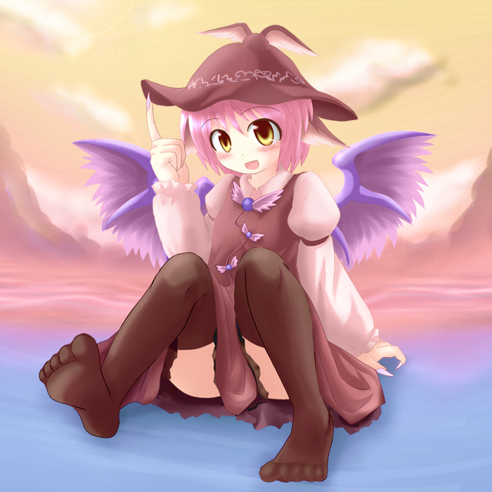 des (namaasi), mystia lorelei, touhou, 1girl, animal ears, black thighhighs, blush, dress, female focus, fingernails, hat, long fingernails, nail polish, pink hair, pink nails, sharp fingernails, short hair, sitting, solo, thighhighs, wings, yellow eyes