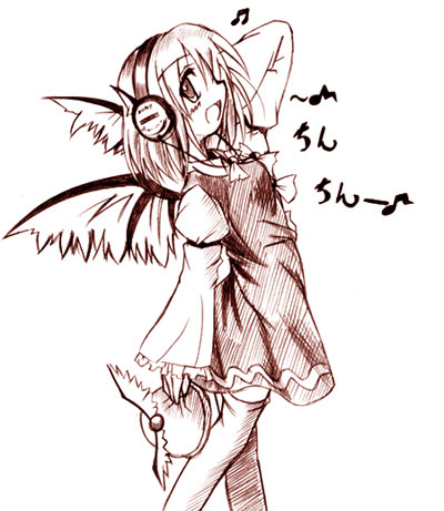 mystia lorelei, touhou, lowres, 1girl, animal ears, dress, female focus, hat, headphones, monochrome, music, musical note, open mouth, profile, quaver, short hair, singing, solo, thighhighs, unworn hat, unworn headwear, wings