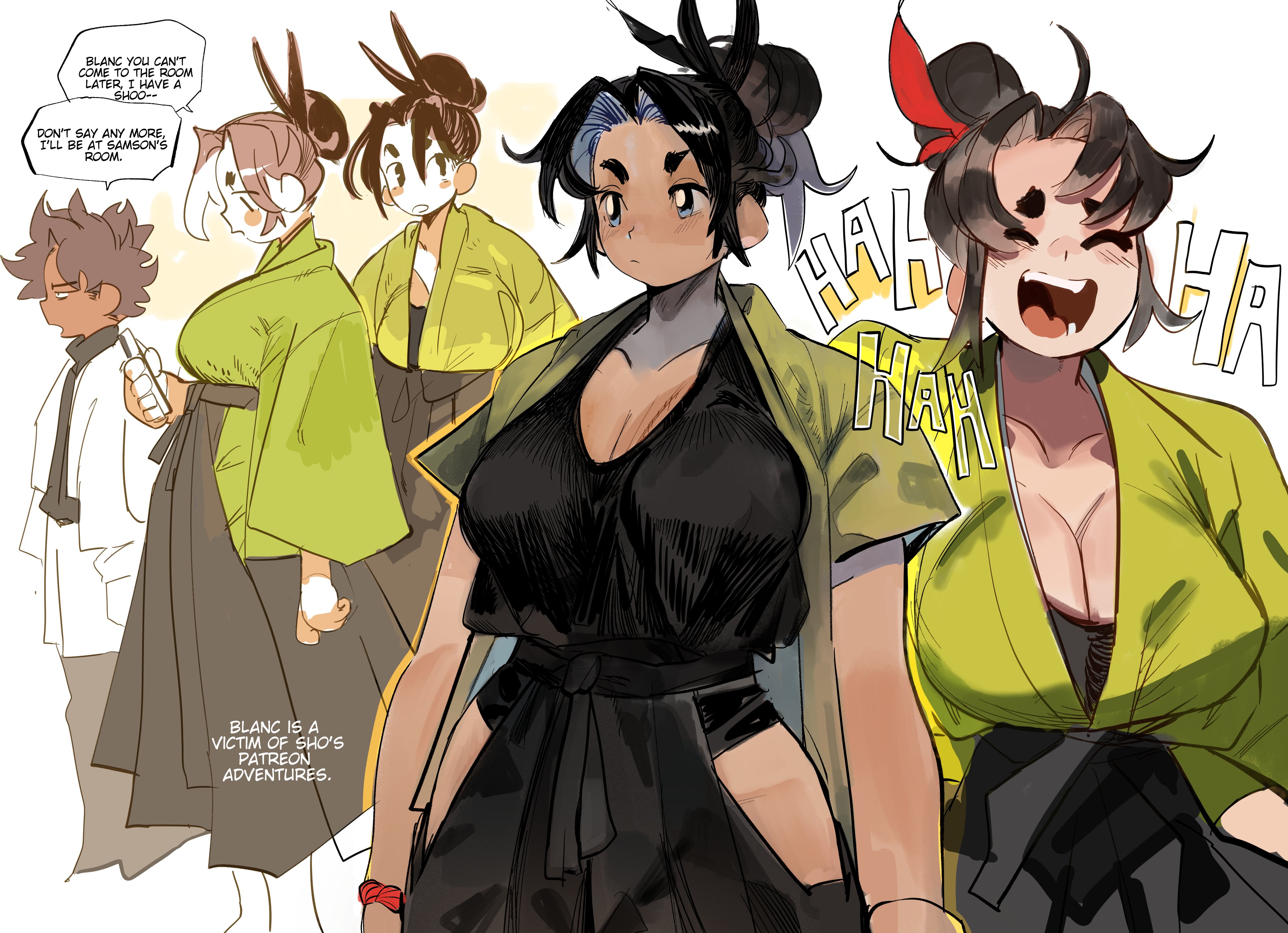 luny, lady kitakaze no shodan, absurdres, highres, tagme, 1boy, 1girl, bare hips, breasts, cleavage, dark-skinned male, dark skin, english text, hair bun, knights of the wandering castle, large breasts, laughing, long skirt, simple background, skirt, speech bubble