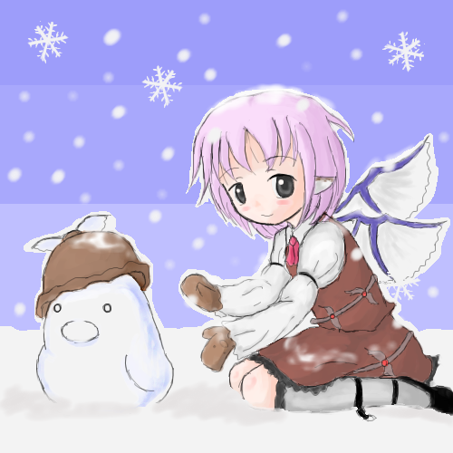 mystia lorelei, touhou, lowres, 1girl, animal ears, black eyes, dress, female focus, grey socks, hat, kneehighs, light smile, mittens, pink hair, short hair, sitting, snow, snowflakes, snowing, snowman, socks, solo, unworn hat, unworn headwear, wings