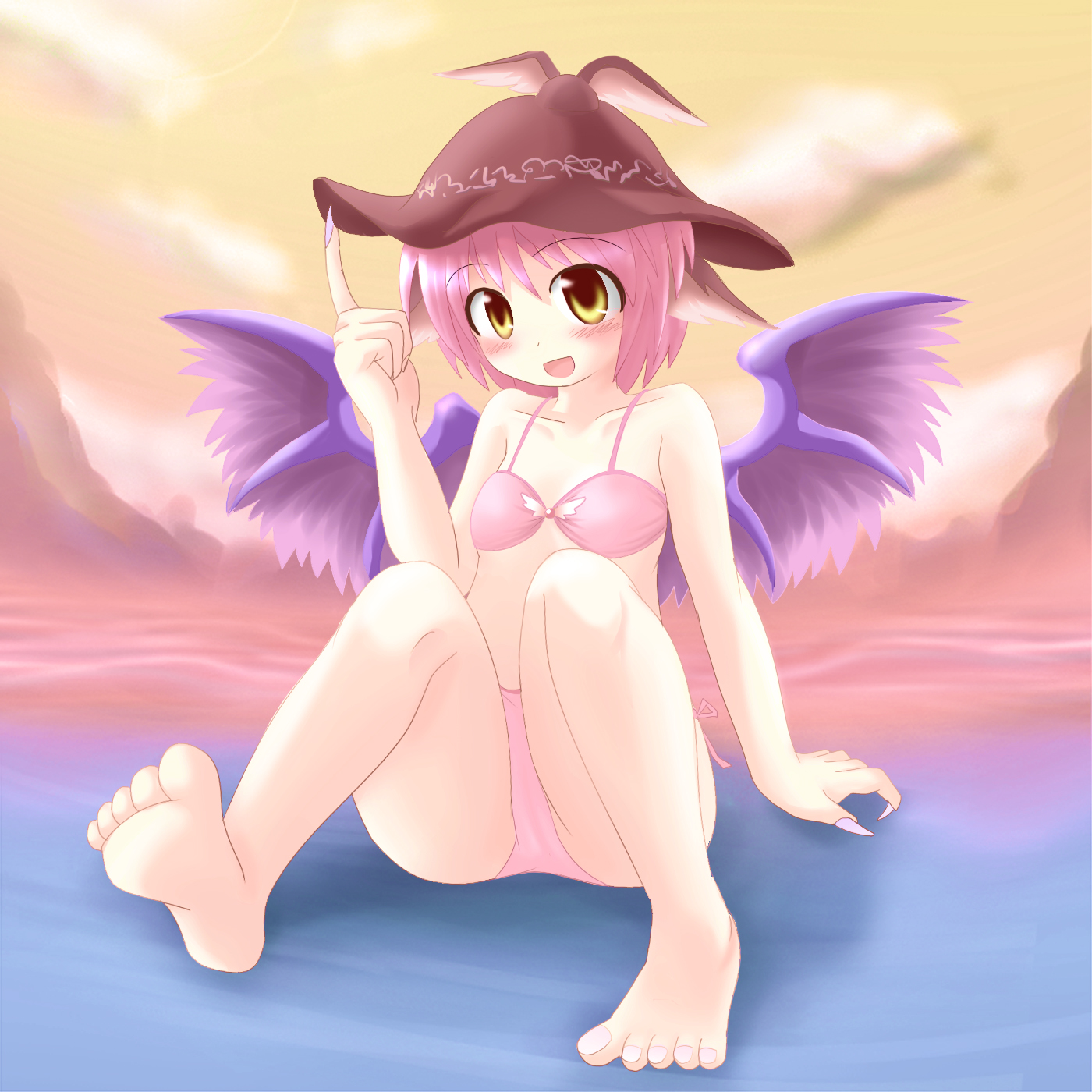 des (namaasi), mystia lorelei, touhou, highres, 1girl, animal ears, barefoot, bikini, blush, feet, female focus, fingernails, hat, long fingernails, nail polish, open mouth, pink bikini, pink hair, pink nails, sharp fingernails, short hair, sitting, smile, solo, swimsuit, toenail polish, toenails, wings, yellow eyes