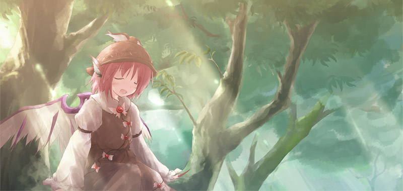 yukitarou (awamori), mystia lorelei, touhou, 1girl, :d, animal ears, branch, claws, closed eyes, dress, female focus, fingernails, forest, hat, in tree, leaf, long fingernails, long sleeves, music, nature, open mouth, pink hair, short hair, singing, sitting, sitting in tree, smile, solo, sunlight, tree, wings