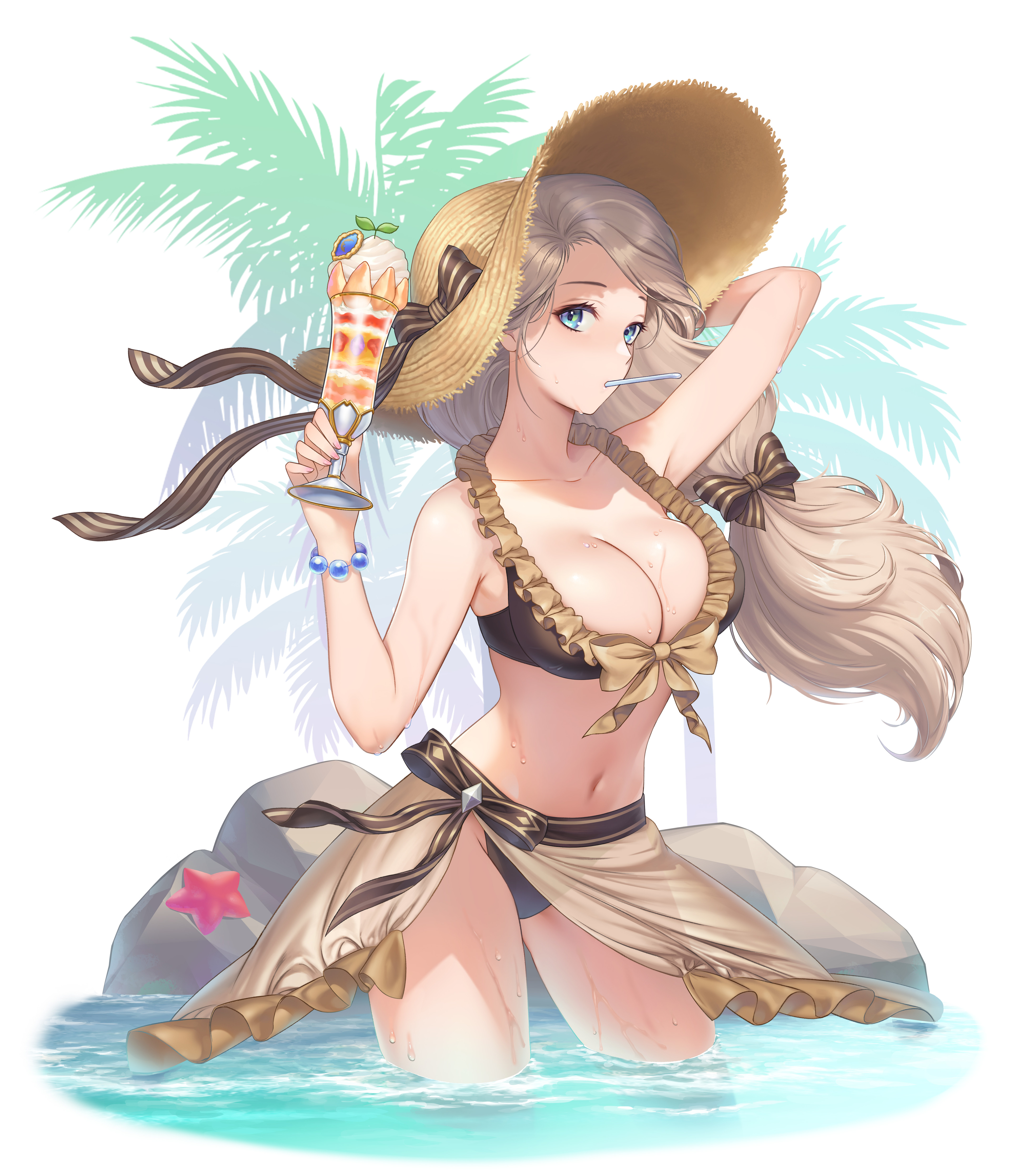 yuna lee, mercedes von martritz, mercedes von martritz (summer), fire emblem, fire emblem: three houses, fire emblem heroes, nintendo, absurdres, highres, 1girl, bikini, black bikini, blonde hair, blue eyes, breasts, cleavage, cup, front-tie bikini top, front-tie top, hat, holding, holding cup, large breasts, long hair, mouth hold, navel, official alternate costume, sarong, simple background, solo, stomach, straw hat, sun hat, swimsuit, thighs, wading, water, white background