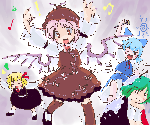 cirno, mystia lorelei, rumia, wriggle nightbug, touhou, 4girls, antennae, blonde hair, blue hair, bow, cape, female focus, green hair, hair bow, ice, microphone, multiple girls, pink hair, red eyes, team 9 (touhou), wings