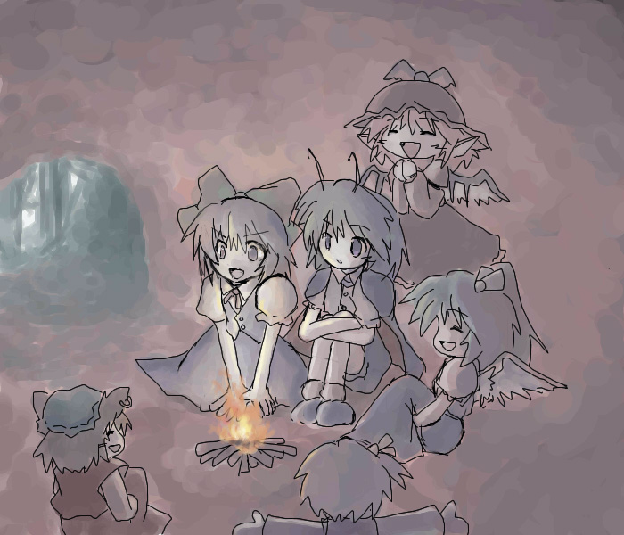 chen, cirno, daiyousei, mystia lorelei, rumia, wriggle nightbug, touhou, 6+girls, animal ears, antennae, blonde hair, bow, campfire, cat ears, cat girl, cave, dress, earrings, fairy wings, female focus, fire, hair bow, hat, jewelry, multiple girls, open mouth, red eyes, sitting, team 9 (touhou), wings