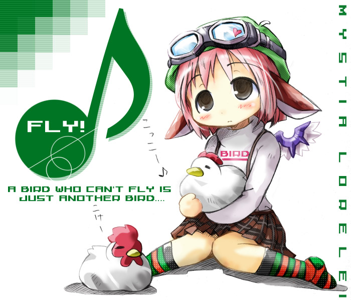 morogami ryou, mystia lorelei, touhou, duplicate, 1girl, bird, blush, chicken, female focus, full body, goggles, goggles on head, green eyes, head wings, kneehighs, knees together feet apart, looking up, musical note, pink hair, plaid clothes, plaid skirt, red hair, short hair, simple background, sitting, skirt, socks, solo, striped clothes, striped socks, wariza, white background, wings