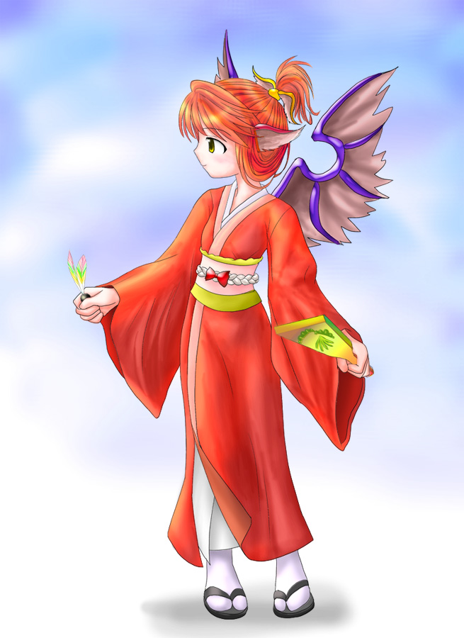 des (namaasi), mystia lorelei, touhou, 1girl, alternate costume, alternate hairstyle, animal ears, female focus, hagoita, hanetsuki, japanese clothes, kimono, no headwear, obi, paddle, profile, red hair, sandals, sash, short hair, smile, solo, tabi, wings, yellow eyes, zouri