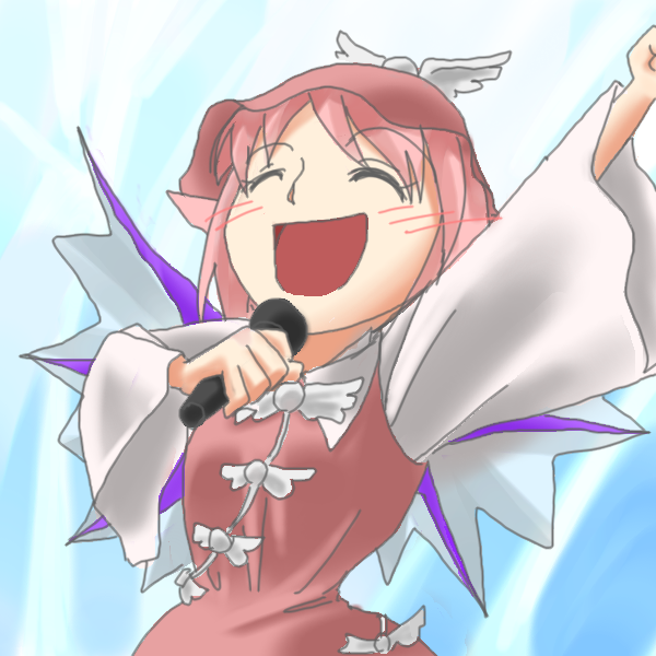 mystia lorelei, touhou, 1girl, arm up, blush, closed eyes, female focus, hat, microphone, music, open mouth, pink hair, short hair, singing, solo, wide sleeves, wings