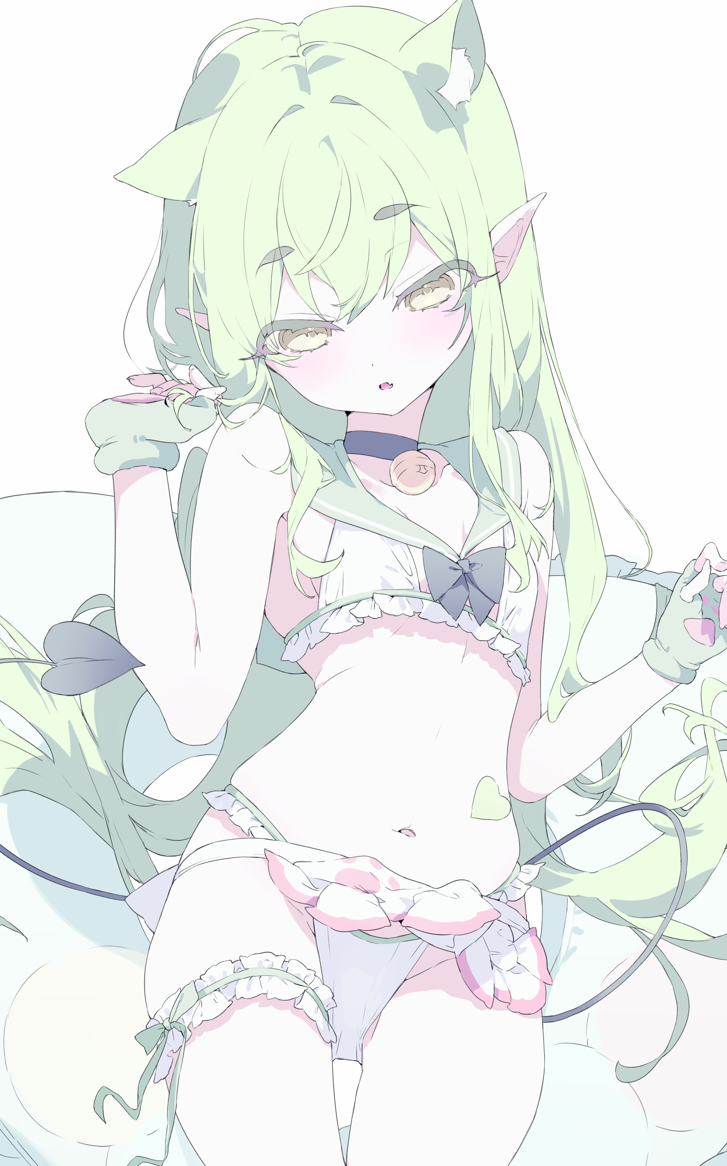 meunhongcha, hikari (blue archive), blue archive, absurdres, highres, 1girl, animal ears, bell, bikini, blush, cat ears, choker, demon tail, extra ears, fingerless gloves, flat chest, frilled thigh strap, gloves, green gloves, green hair, green sailor collar, long hair, looking at viewer, navel, neck bell, pointy ears, sailor bikini, sailor collar, solo, swimsuit, tail, thigh strap, white bikini, yellow eyes