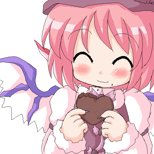 geetsu, mystia lorelei, touhou, 1girl, animal ears, blush, candy, chocolate, chocolate heart, closed eyes, eating, female focus, fingernails, food, food on face, happy, hat, heart, nail polish, oekaki, pink hair, purple nails, short hair, solo, upper body, wings