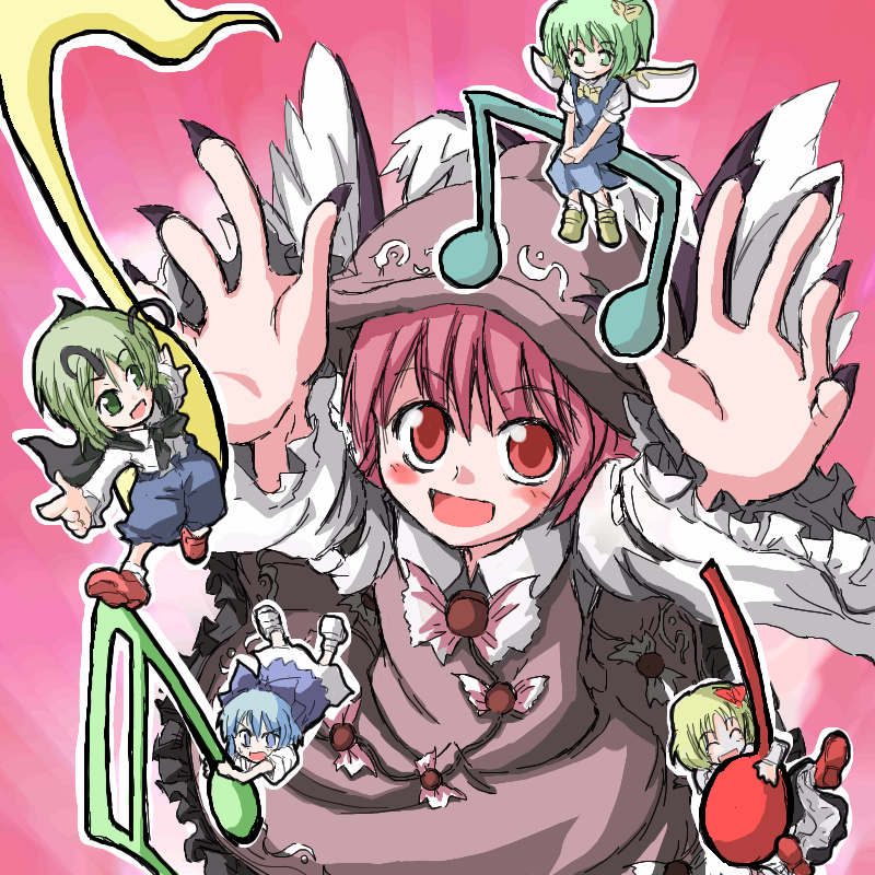 cirno, daiyousei, mystia lorelei, rumia, wriggle nightbug, touhou, 5girls, antennae, beamed quavers, blonde hair, blue eyes, blue hair, bow, dress, fairy wings, female focus, green eyes, green hair, hair bow, multiple girls, musical note, quaver, red eyes, team 9 (touhou), wings
