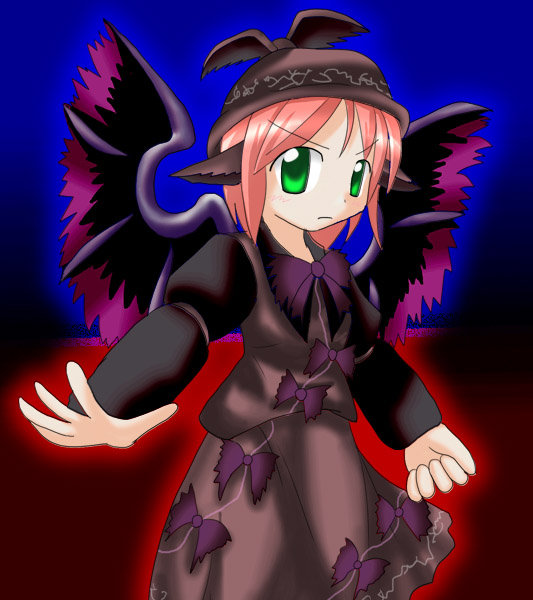 des (namaasi), mystia lorelei, touhou, eyebrows, 1girl, animal ears, black shirt, bow, dress, female focus, green eyes, hat, long sleeves, pink hair, shirt, short hair, skirt, solo, vest, wings