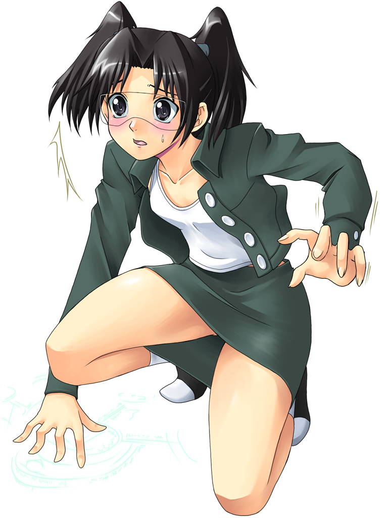 yaso shigeru, amasawa yuuko, dennou coil, 00s, 1girl, female focus, flat chest, glasses, goggles, kneeling, miniskirt, open clothes, open shirt, pencil skirt, shirt, skirt, solo, squatting, twintails